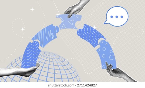 Colaboración y comunicación mundial, trabajo en equipo. Collage de semitono de moda. Concepto de sociedad, cultura corporativa, ganador, planificación.