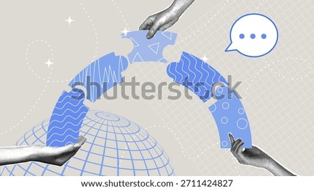 Global collaboration and communication, teamwork. Trendy halftone collage. Partnership concept, corporate culture, winner, planning.