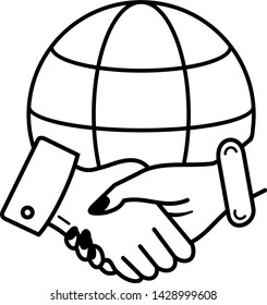Global collaboration concept: globe and handshake icon in outline style