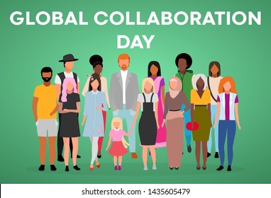 Global collaboration day poster vector template. Unity in diversity. Brochure, cover, booklet page concept with flat illustrations. International tolerance. Advertising flyer, leaflet, banner layout