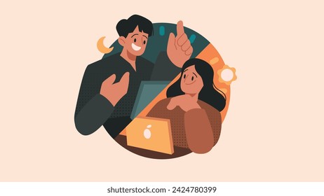 Global Collaboration, Remote Workers working in Different Time Zones Flat Vector Illustration