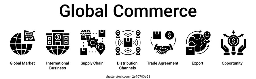 Global Commerce banner web icon vector illustration concept for business with icon of Global Market, International Business, Supply Chain, Distribution Channels, Trade Agreement, Export.