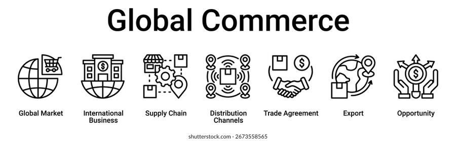 Global Commerce Banner Web-Symbol Vektorgrafik-Konzept für Unternehmen mit Symbol für Global Market, International Business, Supply Chain, Vertriebskanäle, Handelsabkommen, Export.