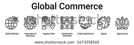 Global Commerce banner web icon vector illustration concept for business with icon of Global Market, International Business, Supply Chain, Distribution Channels, Trade Agreement, Export.