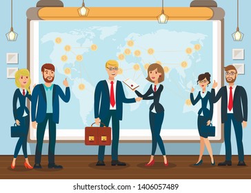 Global Commerce, Economy Flat Vector Illustration. International Partnership, Network Communication, Connection. Business Partners Agreement, Contract. Financiers, Bankers. Profitable Online Trade