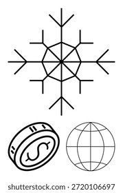 Comercio mundial, impacto ambiental, economía climática, invierno, sostenibilidad, comercio. Copo de nieve con la moneda y el icono del globo. Comercio mundial y economía climática