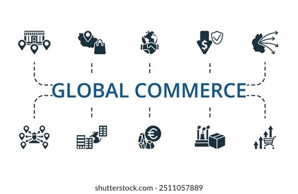 Conjunto de ícones de Comércio Global. Coleção de ícones de Global Commerce simples monocromáticos. Franchising, Zona de Livre Comércio, Compromisso Global, Seguro de Custo, Exportação Direta, Distribuidor, Filial Estrangeira, Hard