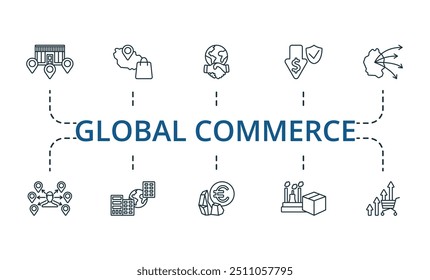 Globaler Commerce-Symbolsatz für dünne Positionen. Einfarbige einfache Global Commerce Icon Kollektion. Franchising, Freihandelszone, Global Engagement, Kostenversicherung, Direktexport, Distributor, Foreign Branch
