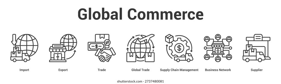 Global Commerce web banner icon set vector illustration concept for business with icon of Import, Export, Trade, Global Trade, Supply Chain Management, Busin.