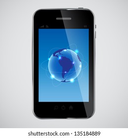 Global Communiaction vector illustration with mobile phone and earth