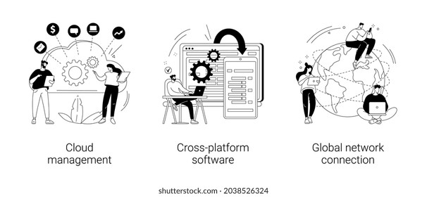 Global communication abstract concept vector illustration set. Cloud management, cross-platform software, global network connection, data storage, application development, computing abstract metaphor.