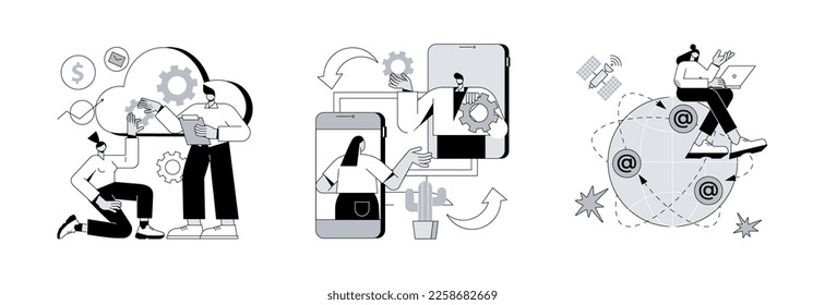 Global communication abstract concept vector illustration set. Cloud management, cross-platform software, global network connection, data storage, application development, computing abstract metaphor.