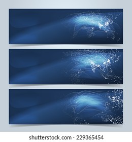 Global communication banners or website header set. Dotted world maps and glowing communication lines on blue background