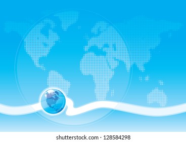 Global communication. Blue abstract background with world map and globe