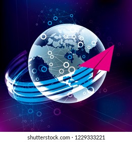  Global communication concept. Abstract technology background.Paper airplanee and the earth.