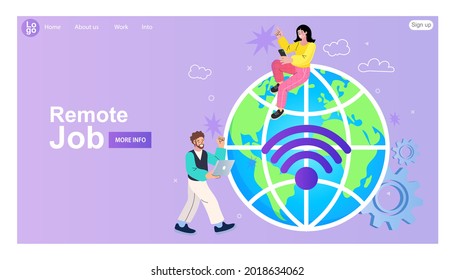 Global communication concept around the world. Freelance and remote work banner with people connecting through mobile app. Employees Work from Home. flat cartoon vector illustration.