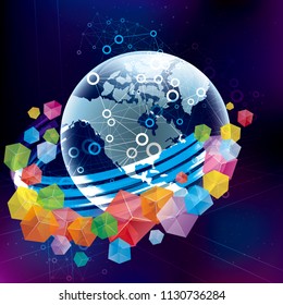 Global communication concept design, combination of earth and cube symbols.