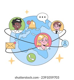 Concepto de comunicación global. Diversos rostros orbitan alrededor de un mapa de la Tierra, mostrando notificaciones, mensajes y llamadas en tiempo real. Interacción digital, conectividad mundial. Ilustración vectorial plana