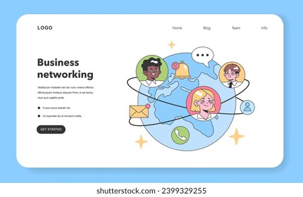Global communication concept. Diverse faces orbit around an Earth map, showcasing real-time notifications, messages, and calls. Digital interaction, worldwide connectivity. Flat vector illustration