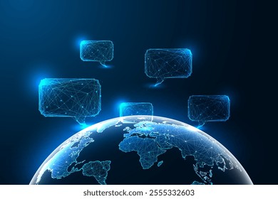 Global communication concept with glowing digital Earth and speech bubbles on dark blue background. Cross-cultural dialogue, connection, and networking visualization. Line abstract vector illustration