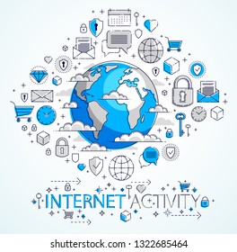Global communication concept, planet earth with different icons set, big data, internet activity, global network connection, vector, elements can be used separately.
