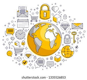 글로벌 커뮤니케이션 컨셉트, 다양한 아이콘이 설정된 지구, 빅 데이터, 인터넷 활동, 글로벌 네트워크 연결, 벡터, 요소를 별도로 사용할 수 있습니다. 스톡 벡터