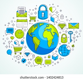 Global communication concept, planet earth with different icons set, internet activity, big data, global network connection, vector, elements can be used separately.