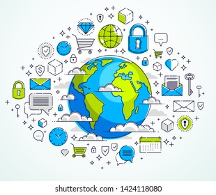 Global communication concept, planet earth with different icons set, big data, internet activity, global network connection, vector, elements can be used separately.