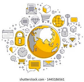 Global communication concept, planet earth with different icons set, big data, internet activity, global network connection, vector, elements can be used separately.