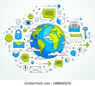 Global communication concept, planet earth with different icons set, internet activity, big data, global network connection, vector, elements can be used separately.