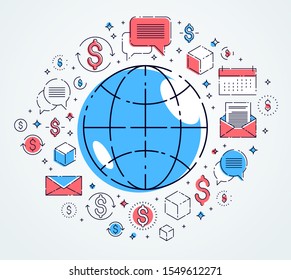 Global communication concept, planet earth with different icons set, big data, internet activity, global network connection, vector, elements can be used separately.