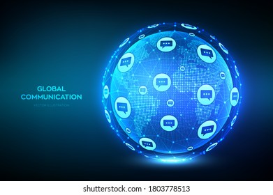 Concepto de comunicación global. Composición de líneas y puntos del mapa mundial. Planeta Tierra globo con iconos de las burbujas de voz del diálogo. Comunicación a nivel mundial y conexión a los medios sociales. Ilustración vectorial.
