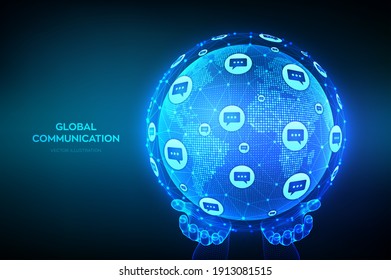 Global communication concept. World map point and line composition. Planet Earth globe with dialog speech bubbles icons in hands. Worldwide communication and social media. Vector Illustration