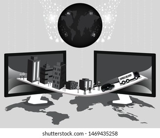 Global communication concept,Two monitors were placing on global map with arrow - vector illustration 