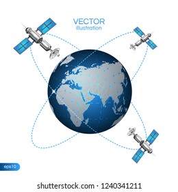 Global Communication Connect Concept. Satellites In Orbit Around Earth. Space Satelite Surrounding The Planet. Vector Stock Illustration.