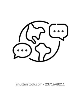 Global communication. Earth globe and chat speech bubbles. Pixel perfect, editable stroke