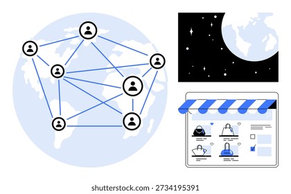 Comunicación global, conexión de comercio electrónico, tecnología espacial, compras en línea, red mundial, conexiones virtuales. Un globo terráqueo con perfiles en red, una tienda en línea y una vista espacial. Global