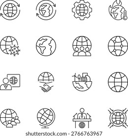 Global communication and environmental issues vector icon set, global warming, pandemic, network, handshake, eco, community, conference
