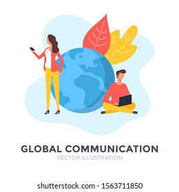 Global communication. Flat design. Digital technology, online messaging, social media concepts. Business people. Vector illustration