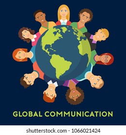 Global communication flat design. Poster of people connected to global communication on world map dark blue background vector illustration. Place for text