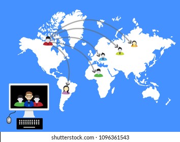Global communication flat design. Poster of people connected to global communication on world map dark blue background vector illustration