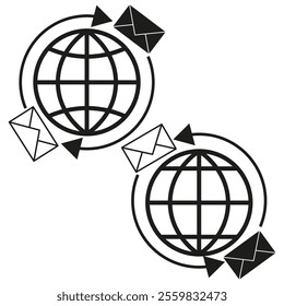 Global communication icon. Envelope exchange symbol. Worldwide connection concept. Black and white vector.