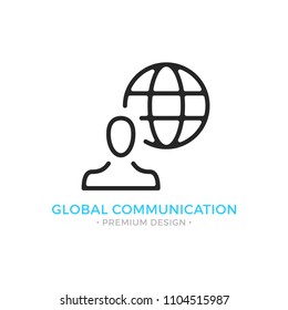 
Global communication icon. Man and globe. Modern sign, linear pictogram, object, outline symbol, simple vector thin line icon