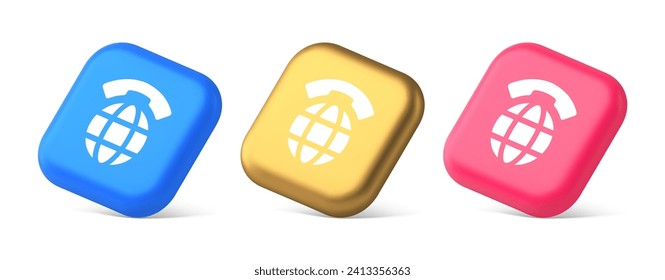 Global communication internet call connection button planet with handset 3d realistic blue gold and pink icons. Remotely cyberspace telephone conversation virtual emblem design