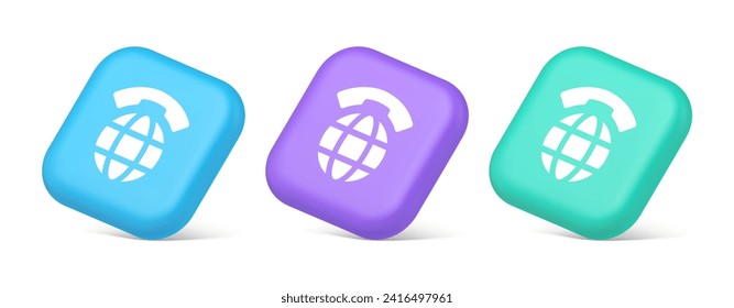 Global communication internet call connection button planet with handset 3d realistic blue purple and green icons. Remotely cyberspace telephone conversation virtual emblem design