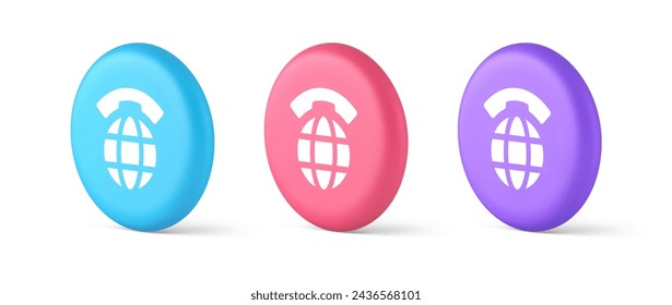 Global communication internet call connection button planet with handset 3d realistic blue pink and purple icons. Remotely cyberspace telephone conversation virtual emblem design