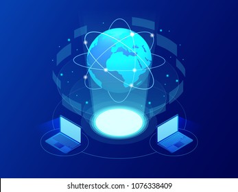 Global communication Internet network around the planet. Network and data exchange over planet. Connected satellites for finance, cryptocurrency or IoT technology