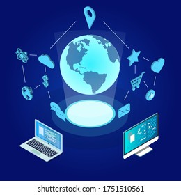 Red de Internet de comunicación global alrededor del planeta. Intercambio de redes y datos en todo el planeta. Satélites conectados para EPS de tecnología financiera, criptodivisa o IoT