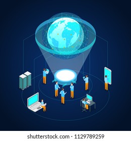 Global Communication Internet Network Concept 3d Isometric View Include of Sphere Earth, People, Data, Space and Computer. Vector illustration