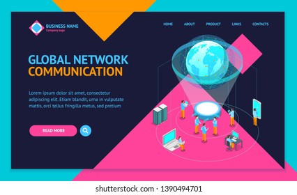 Global Communication Internet Network Concept Landing Web Page Template 3d Isometric View Include of Sphere Earth, People, Data, Space and Computer. Vector illustration